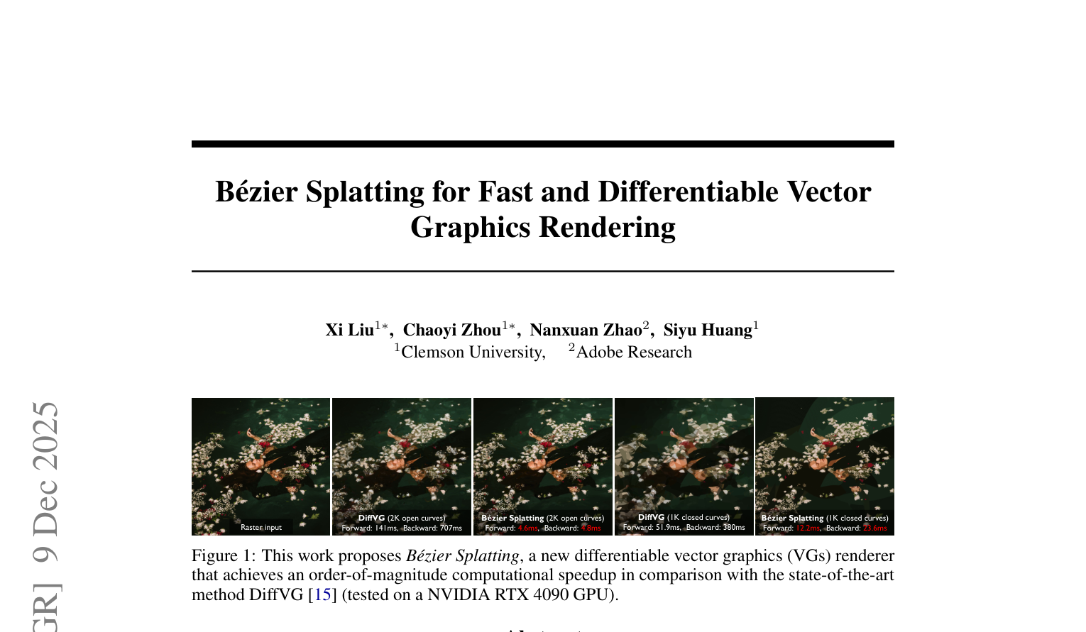 Bezier Splatting achieves 30x faster differentiable vector graphics rendering compared to DiffVG, enabling real-time SVG optimization.