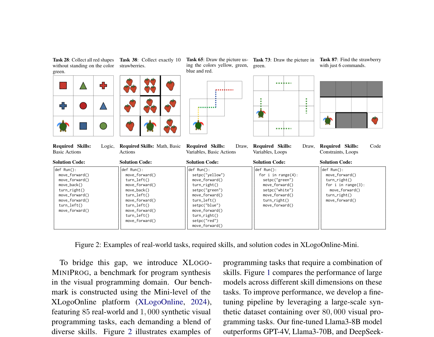 xLogo tasks pair visual objectives with executable code solutions, bridging visual reasoning and program synthesis.