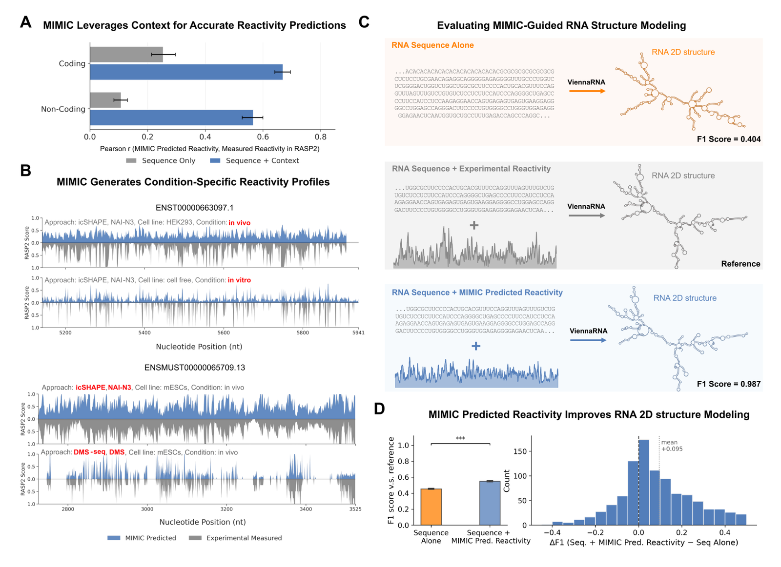 Figure 8: RNA reactivity and structure. Context-conditioned RASP2 prediction, probe differentiation (icSHAPE vs DMS), and the F1 jump from 0.404 to 0.987 when MIMIC-predicted reactivity guides 2D folding.