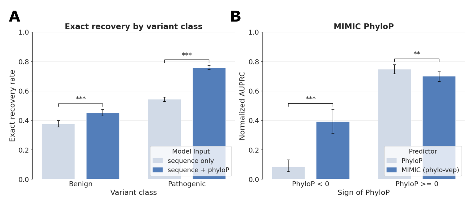 Figure 9: phyloP variant-effect prediction. Wild-type recovery from ClinVar variants improves with conservation conditioning, and the phyloP-based VEP complements raw conservation.